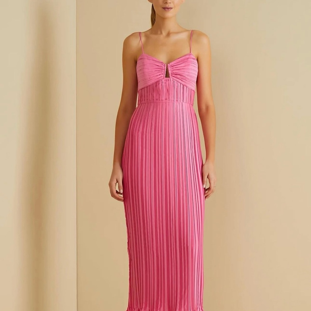 AMUR Pink Pleated Sundress Spaghetti Strap Midi